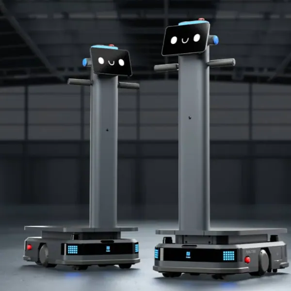 PUDU T300 autonomous mobile robot using visual recognition for multi-robot queuing and following