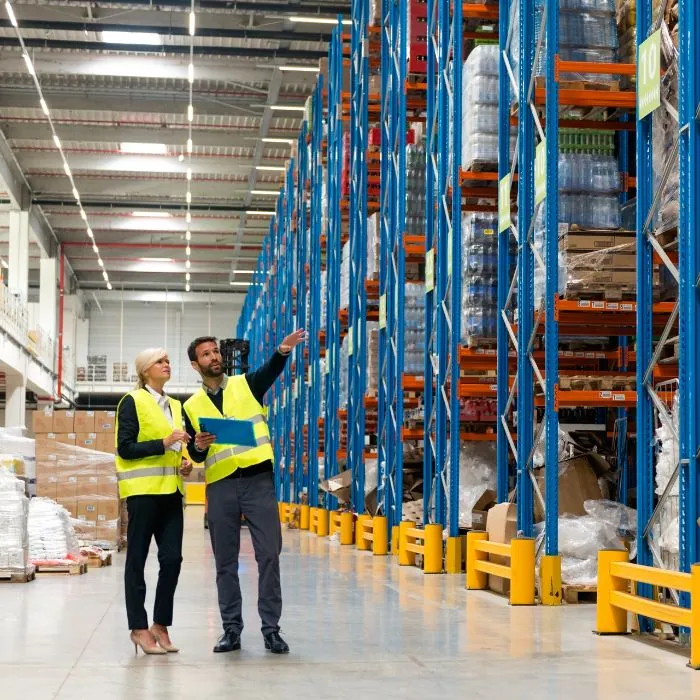 Two warehouse staff in safety vests reviewing operations in a high-bay storage aisle