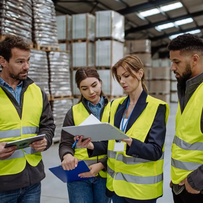 Warehouse team in high-visibility vests reviewing plans on a clipboard together