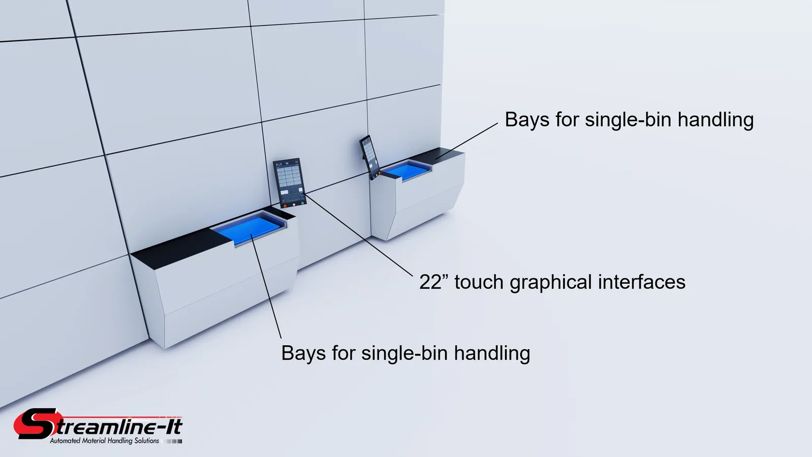 Cubic storage render showing the bin gantry sorter robot, touch screen user interface, and bin pick presentation windows