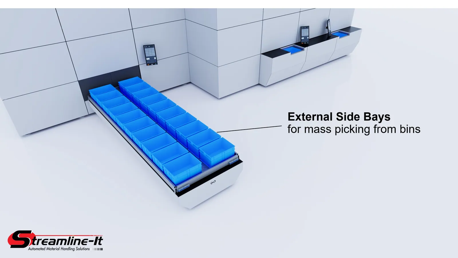 Cubic storage render showing external side bays for mass picking from bins