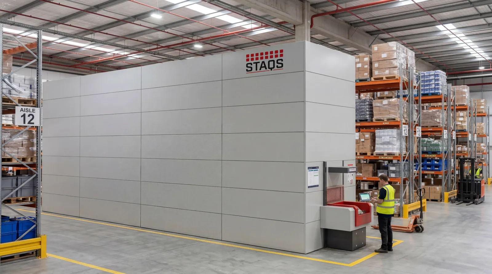 Mini load AS/RS shuttles retrieving totes and cartons from high-density racking to a goods-to-person picking station